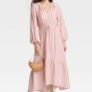 A New Day Pink Long Sleeve Tiered Midi Dress XSmall Pockets V-Neck Elastic Waist